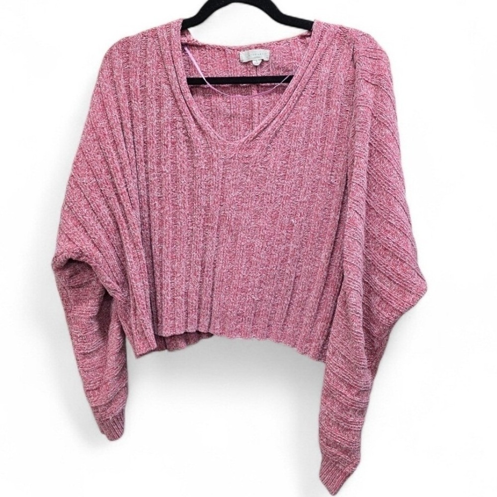 La Heart Pink‎ Marled Ribbed Crop Sweater Dolman Sleeve V-Neck Boho Small Cozy